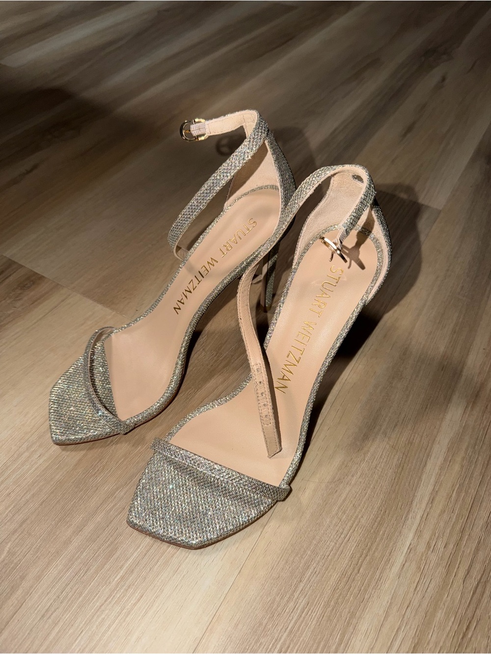 Stuart Weitzman Sparkling Silver Open-Toe Ankle-Strap Heels